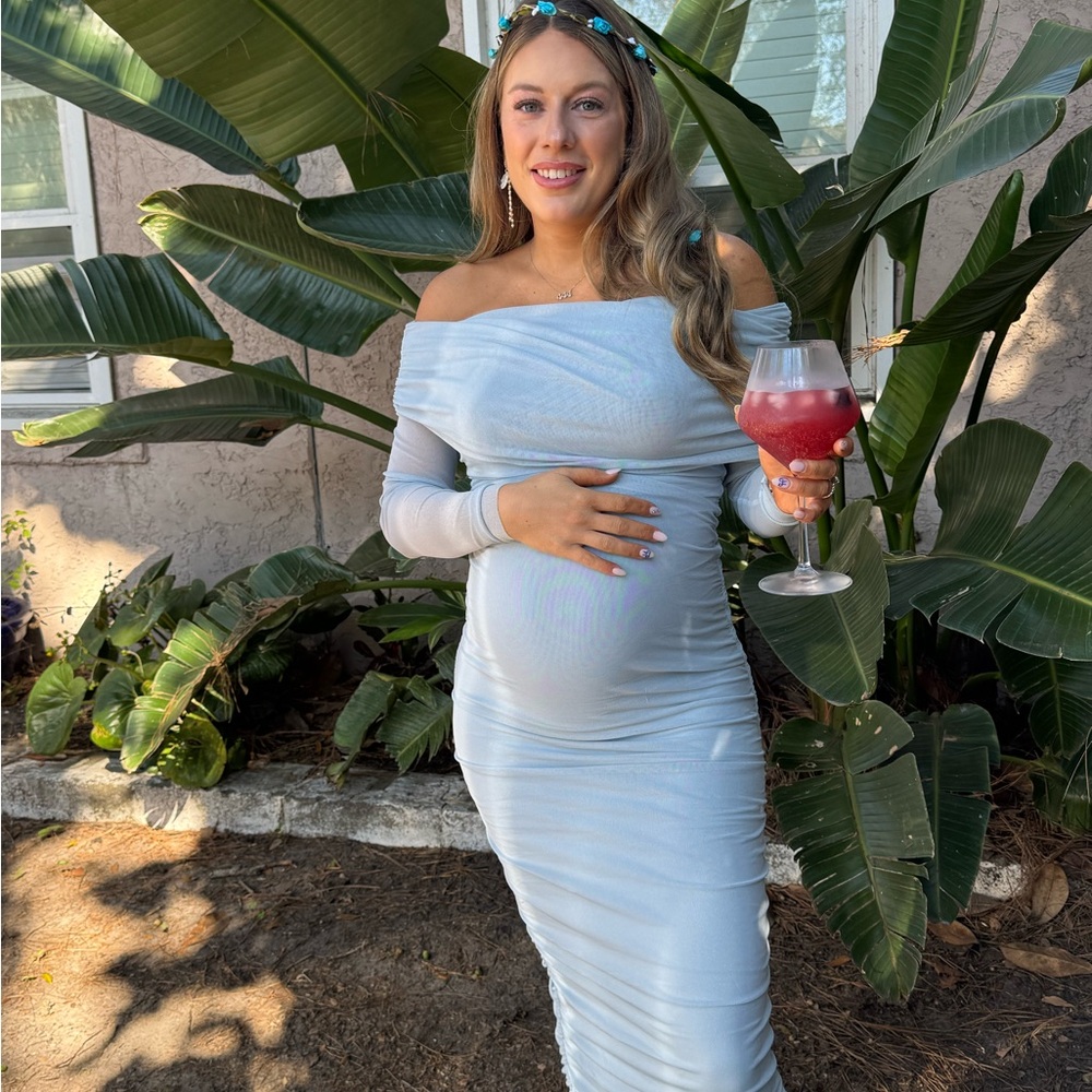 Blue Ribbed Ruched Off-Shoulder Bodycon Dress - Picture 3 of 3